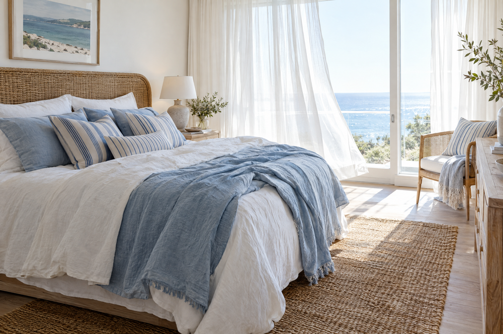 Coastal bedroom in white and soft blue linen