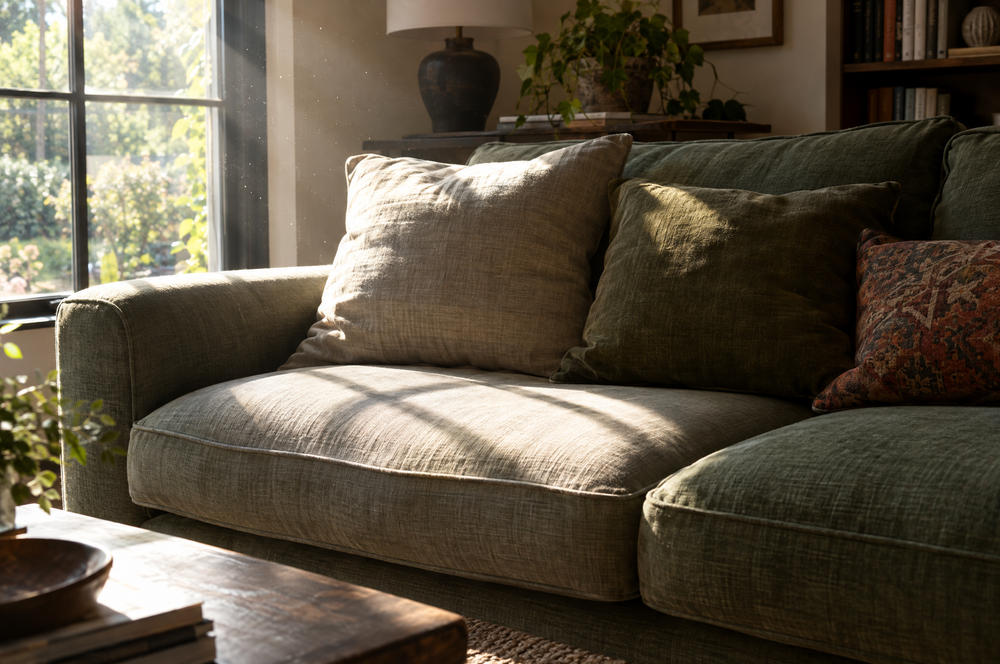 Sun-faded sofa cushion next to one kept in the shade