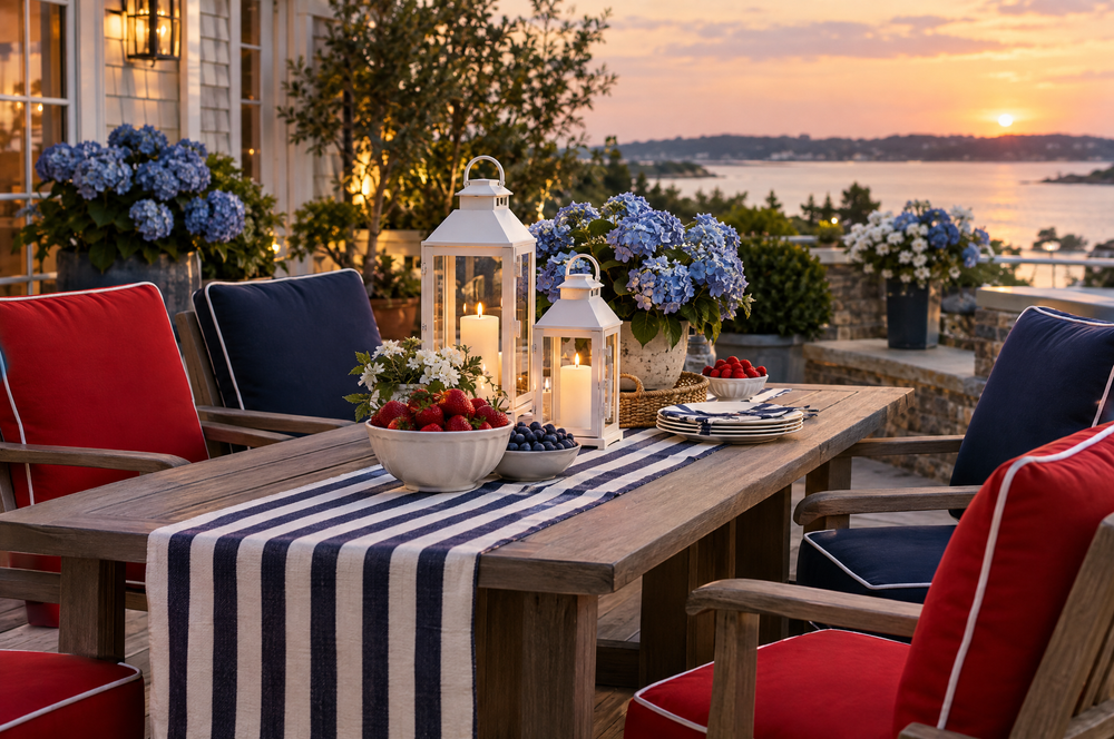 Summer patio with red, white and navy cushions