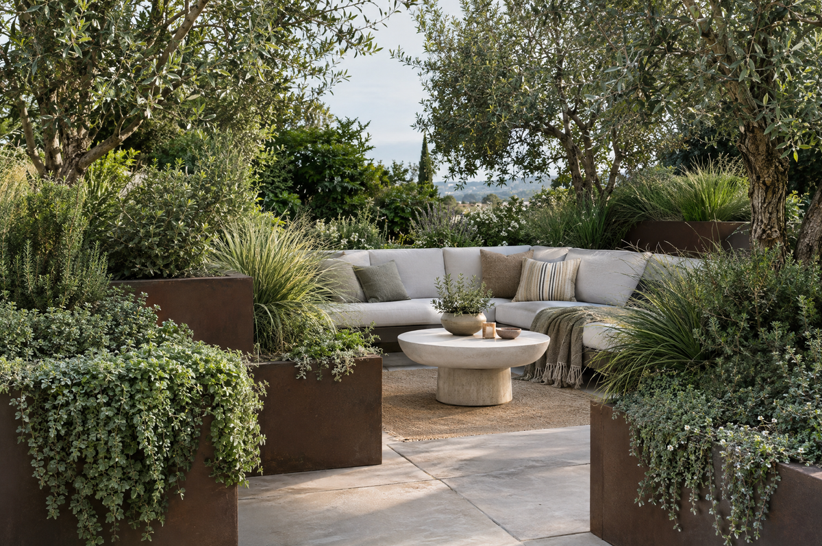 Patio seating framed by layered planters