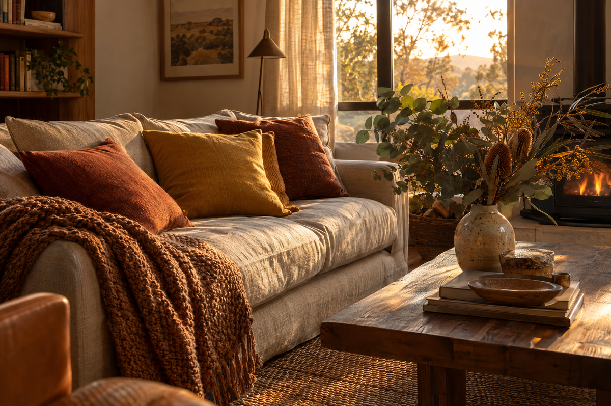 Living room styled for autumn with rust wool cushions