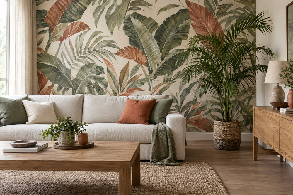 Botanical wallpaper with coordinating solid sofa cushions