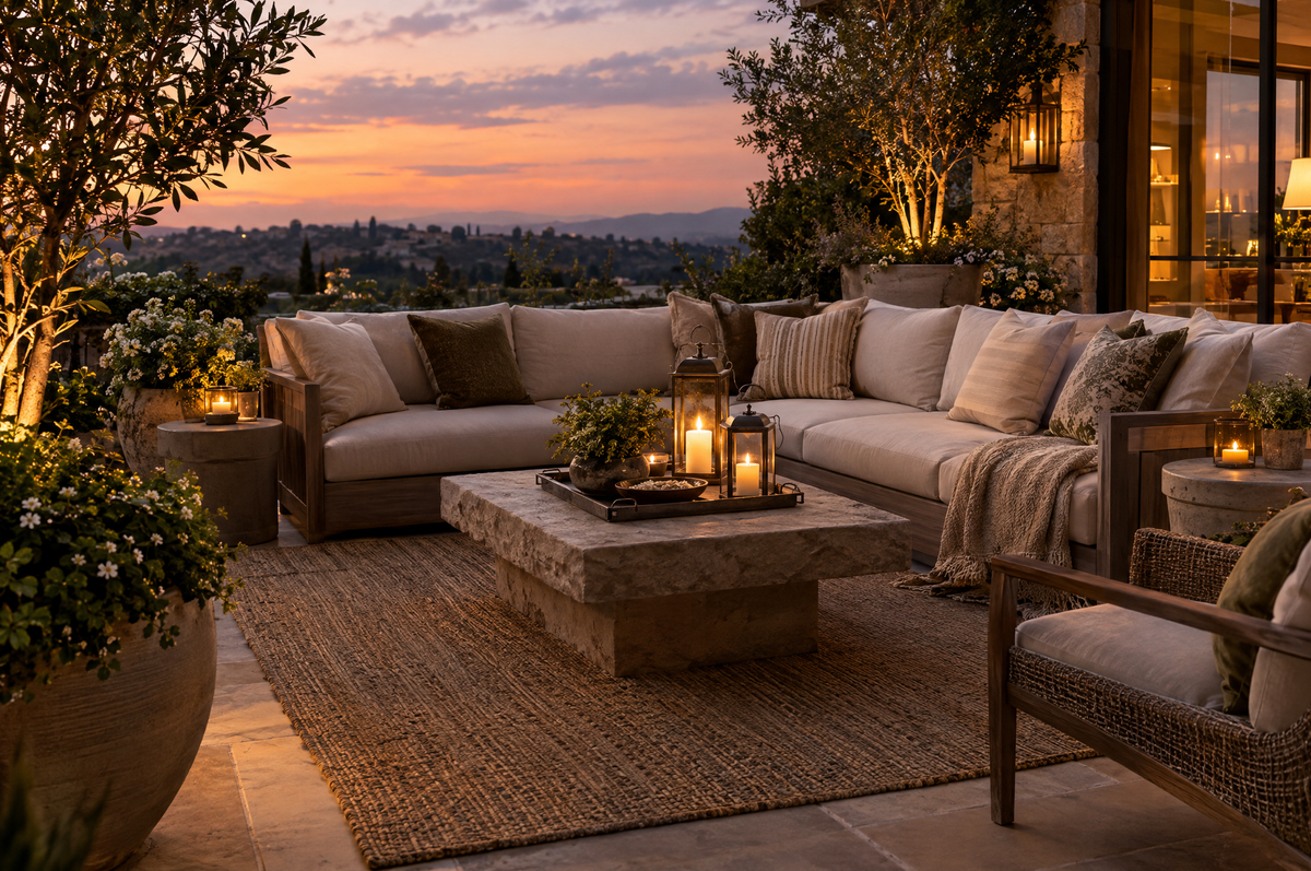 Patio styled as an outdoor living room at dusk