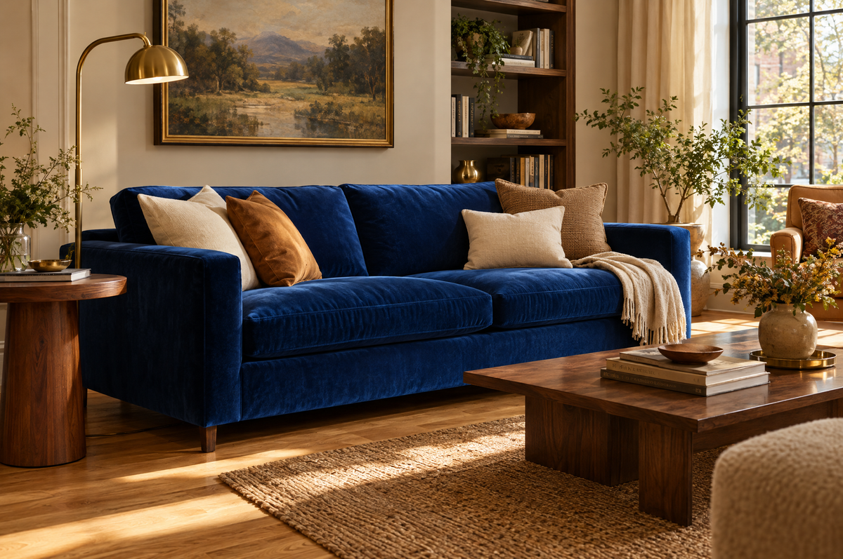 Cobalt blue velvet sofa balanced with warm wood and cream