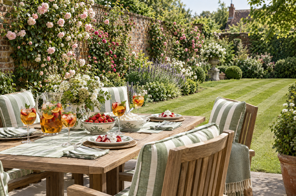 British garden set for summer with strawberries and cream