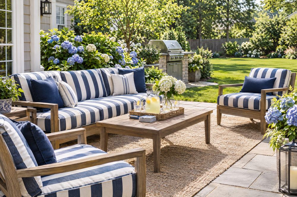 Backyard patio with fresh navy and white striped cushions