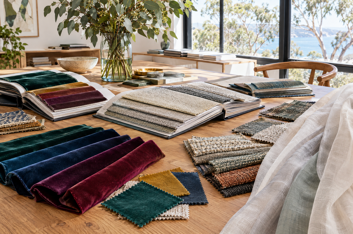 Upholstery, velvet and curtain fabric swatches on a design table