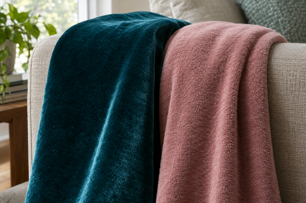 Teal velvet and rose velour fabrics side by side