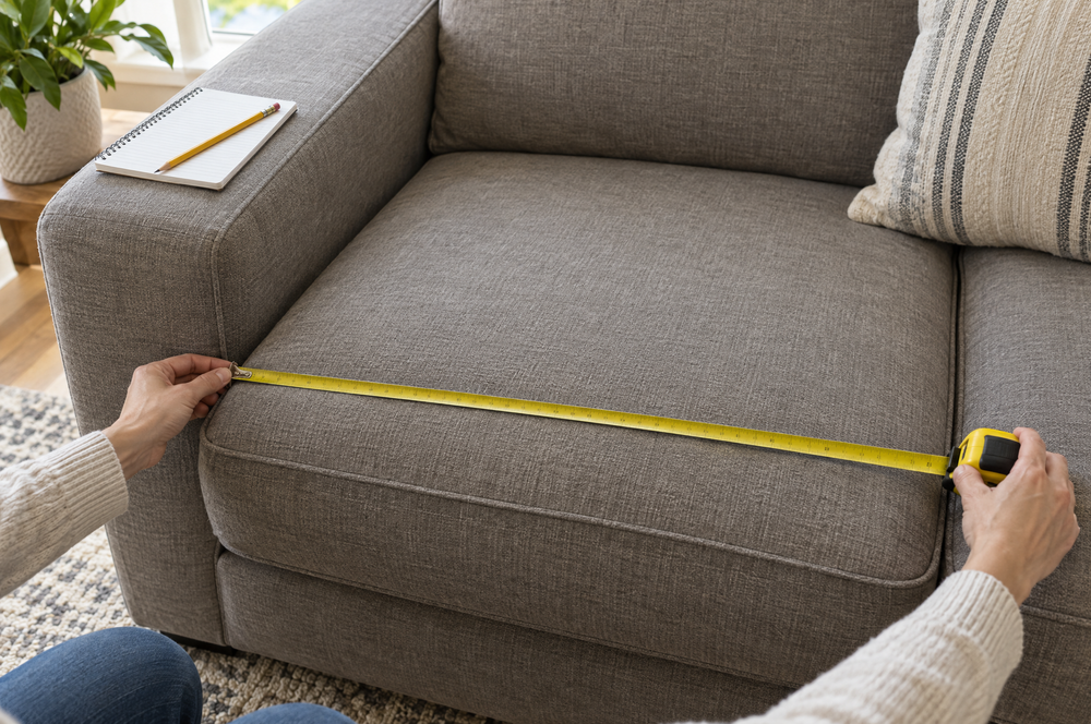 Measuring a sofa seat cushion with a tape measure