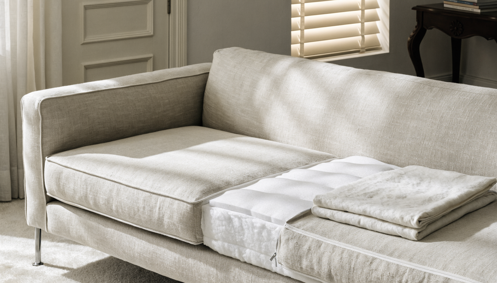 Couch seat cushion unzipped to show a new foam insert