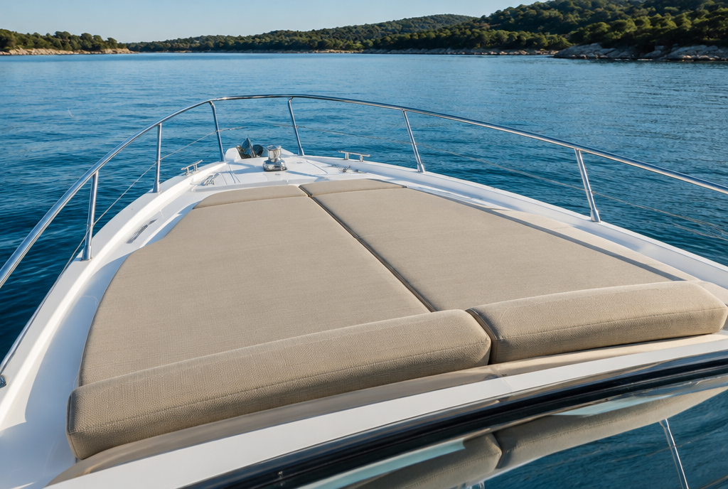 The bow of a white motorboat with a custom sun pad cushion in sand-colored marine fabric, calm blue water