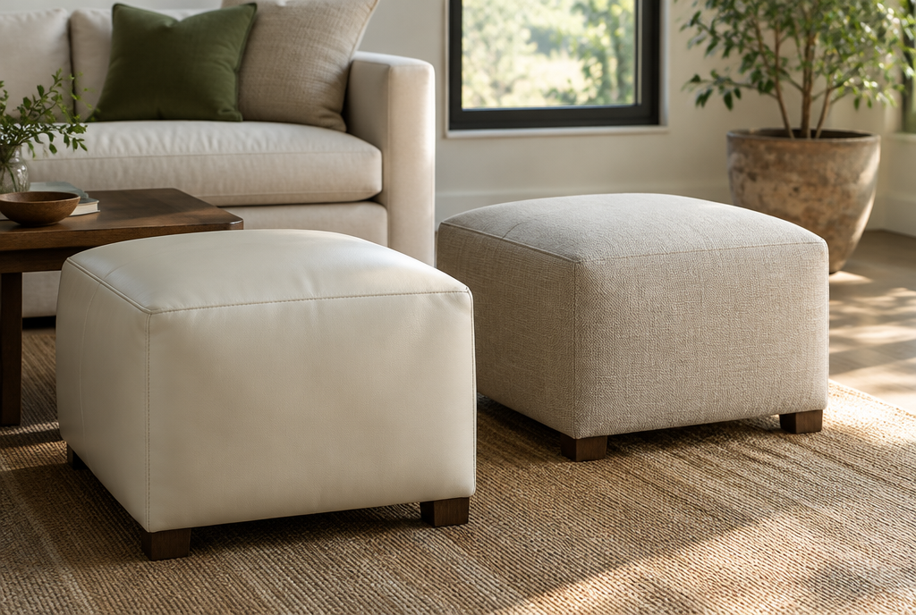 Living room with a cream leather ottoman beside a matching ottoman in natural outdoor fabric