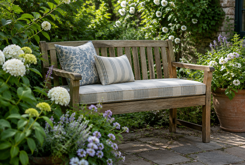 A wooden garden bench with a thick custom seat cushion and two throw pillows in a lush cottage garden