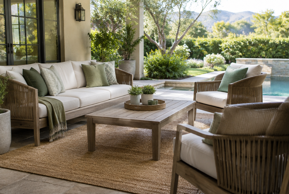 A welcoming backyard patio with a sofa and lounge chairs dressed in coordinated outdoor cushions