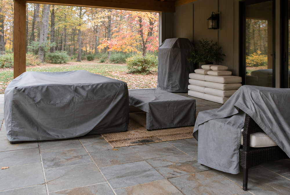 A covered patio in autumn with outdoor sofa cushions stored and furniture under fitted gray protective covers, one cover half lifted