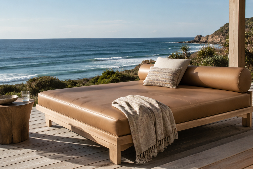An Australian-style coastal outdoor daybed with tan faux leather (Ultraleather) cushions on a deck by the ocean