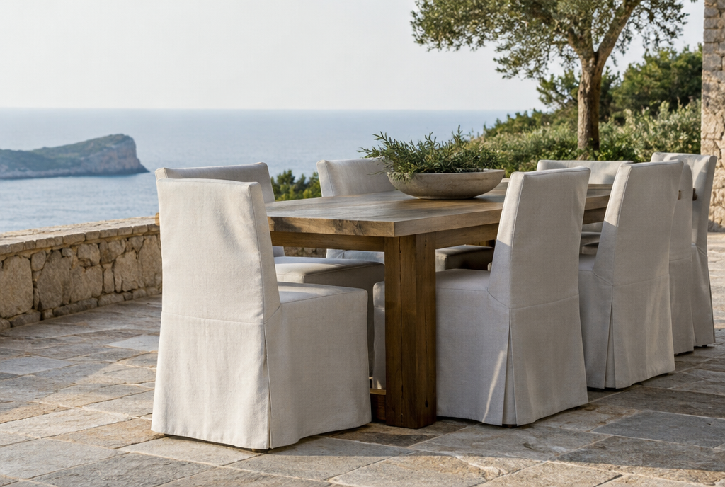 Outdoor dining chairs on a terrace wearing neat fitted fabric chair covers, tailored and elegant