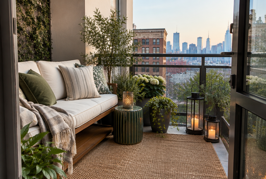 A stylish city apartment balcony styled like a room, with a cushioned bench, outdoor pillows, small rug, plants and lanterns