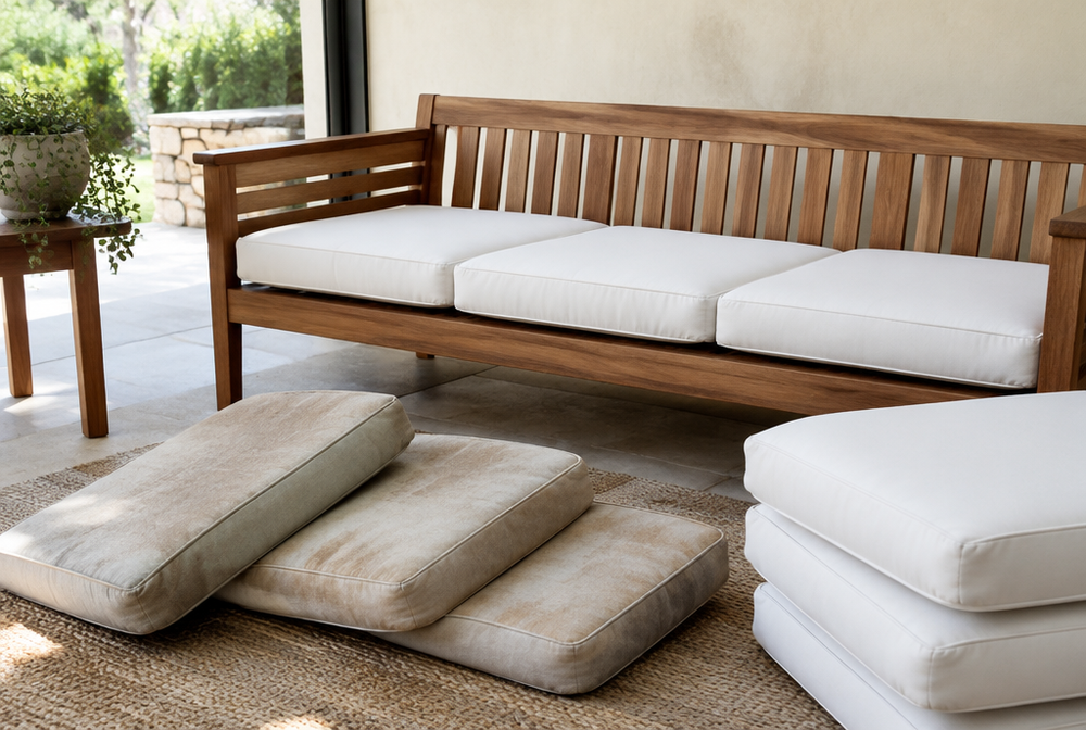 A teak outdoor sofa getting new replacement seat cushions, one old faded cushion set aside next to new crisp cushions