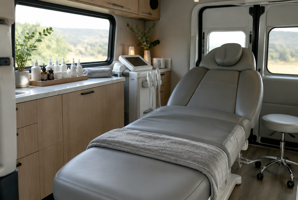 A calm mobile medical spa treatment room inside a van with a padded gray leather seat cushion