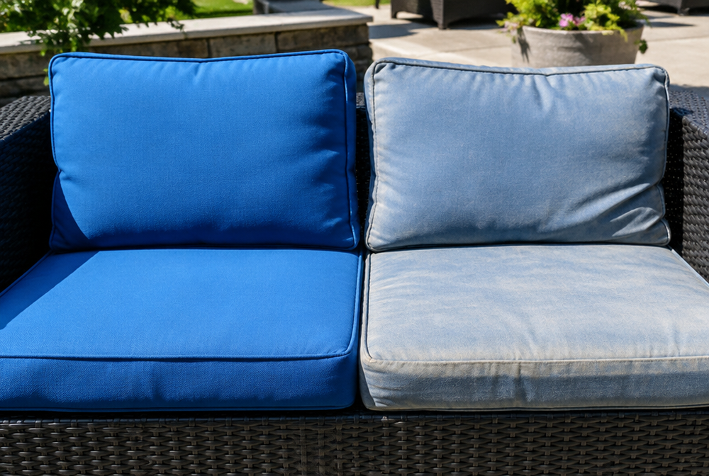 Close comparison on a patio: a vivid unfaded outdoor cushion next to a faded cheap one in bright sun