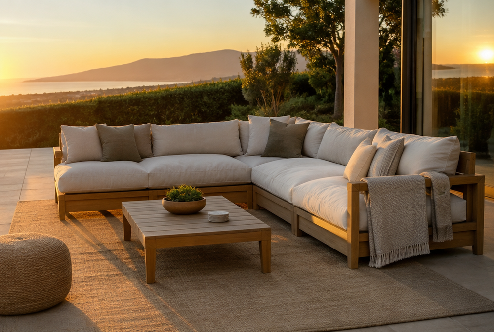 A deep-seat outdoor sectional with plush extra-deep cushions on a modern patio at golden hour