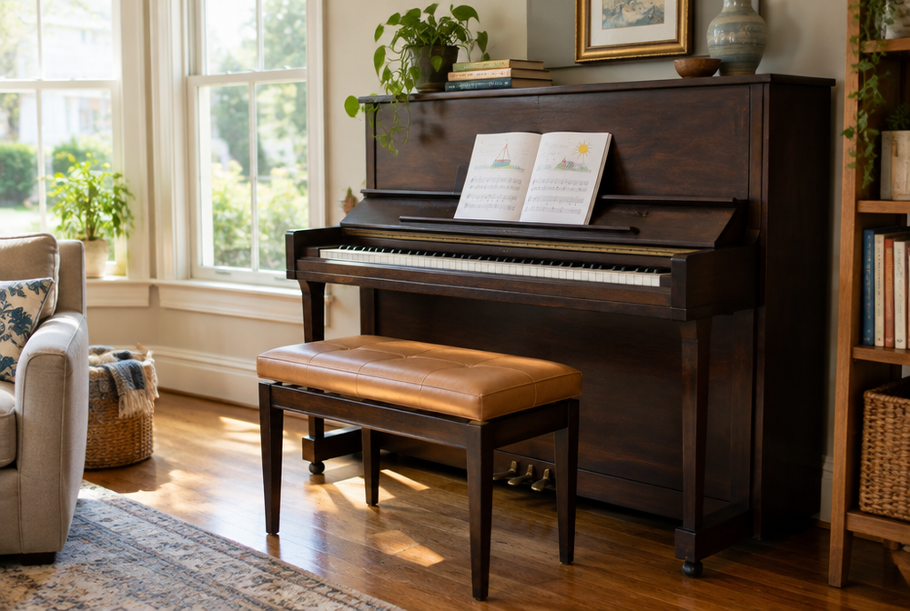 Upright piano in a sunny family room with a piano bench topped by a tan leather cushion