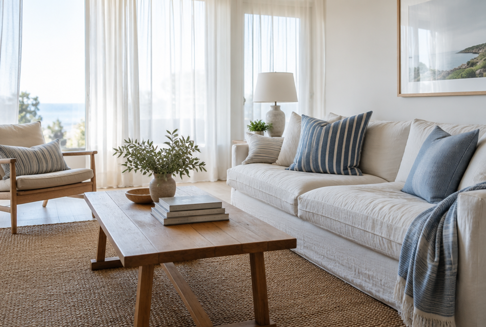 A bright Airbnb living room with sheer white curtains and custom striped throw pillows on a linen sofa