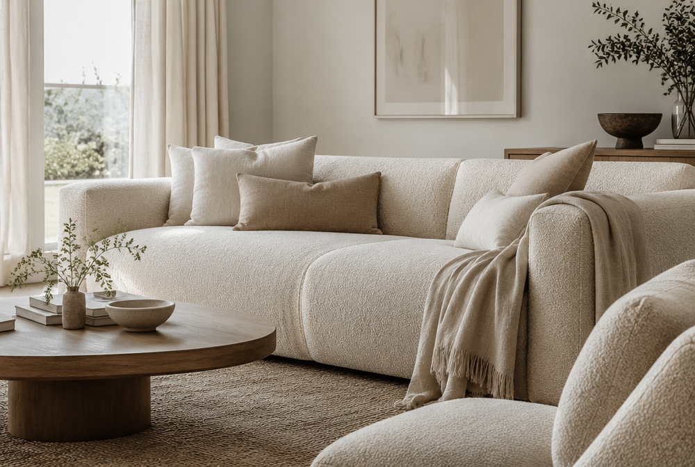 A calm minimal living room in neutral linen and boucle fabrics, cream sofa, beige cushions, soft daylight