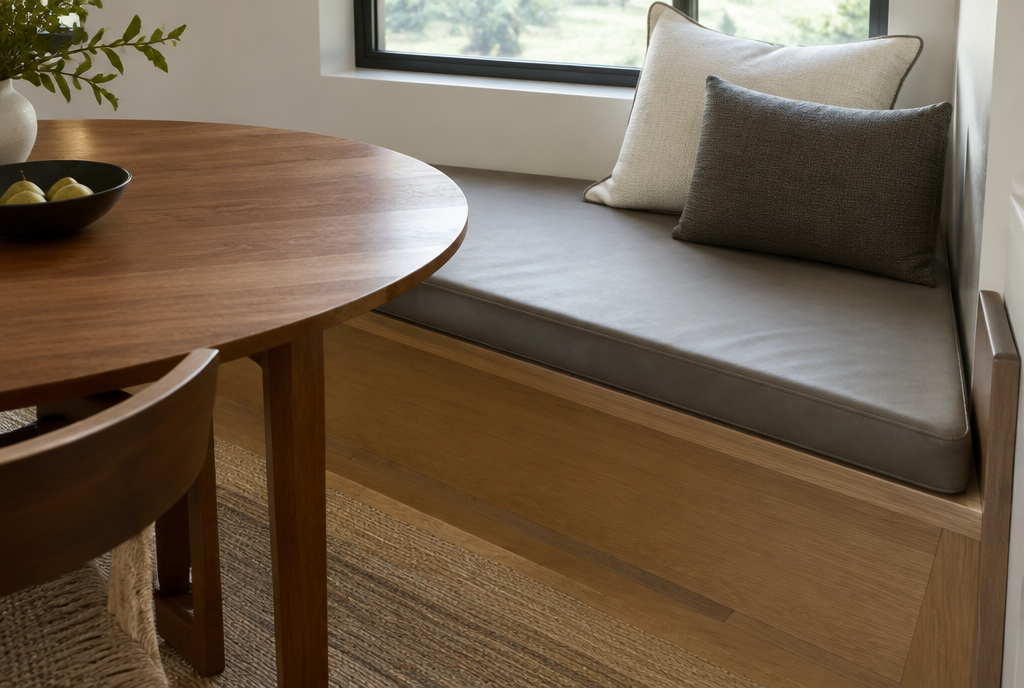 A dining nook with a trapezoid-shaped bench covered by a gray leather seat cushion