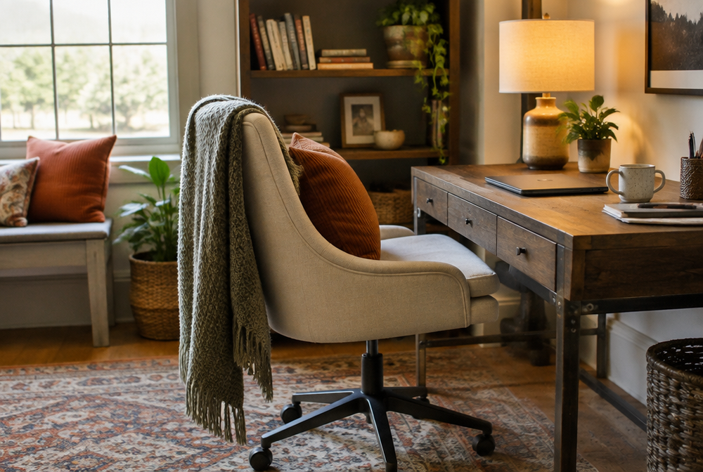 A cozy home office with a cushioned desk chair, a wool throw, warm lamp light and textured cushions