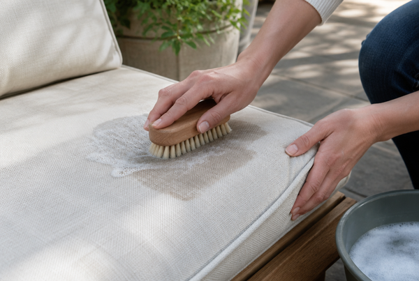 Hands gently cleaning a stain on a light outdoor fabric cushion with a soft brush and soapy water on a patio
