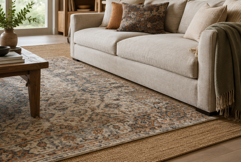 A living room with two layered rugs, a jute base rug and a patterned rug on top, under a sofa