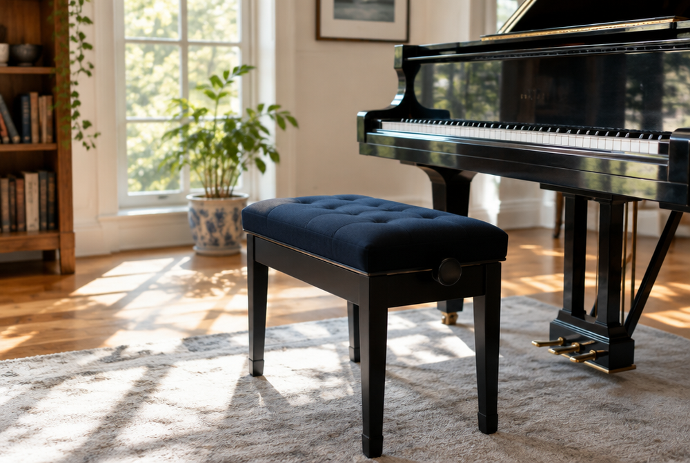 A piano bench with a padded navy cushion in a sunny music room