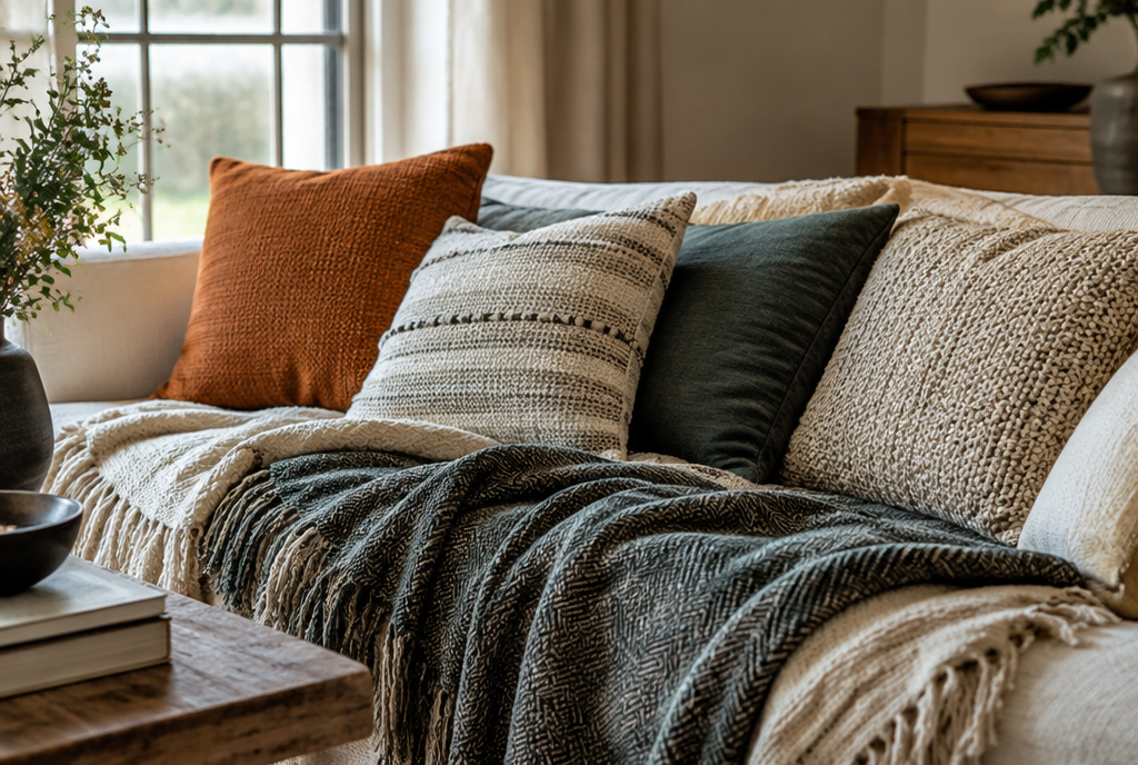 A sofa layered with textured throw blankets and cushions in mixed weaves, cozy and styled