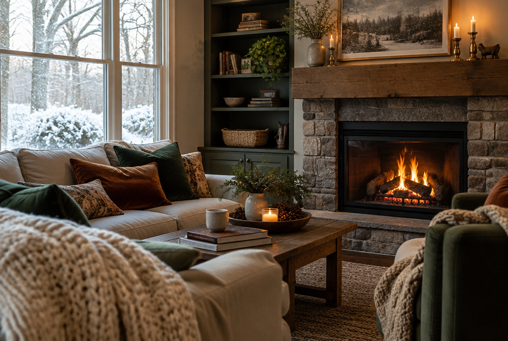 A living room in winter with chunky knit throws, velvet cushions and a warm fireplace glow