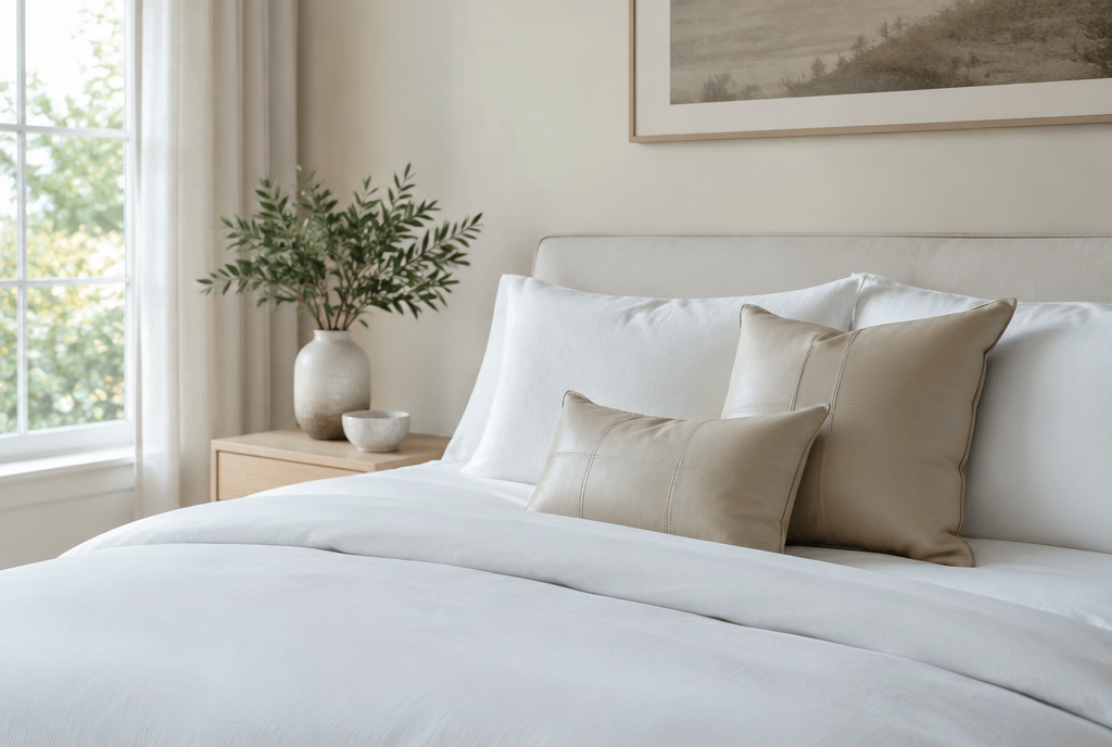A serene bedroom with off-white leather accent cushions on a bed with cloud-white bedding