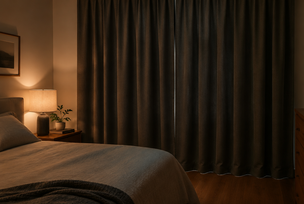 A quiet bedroom window with heavy lined blackout curtains closed, soft lamp light