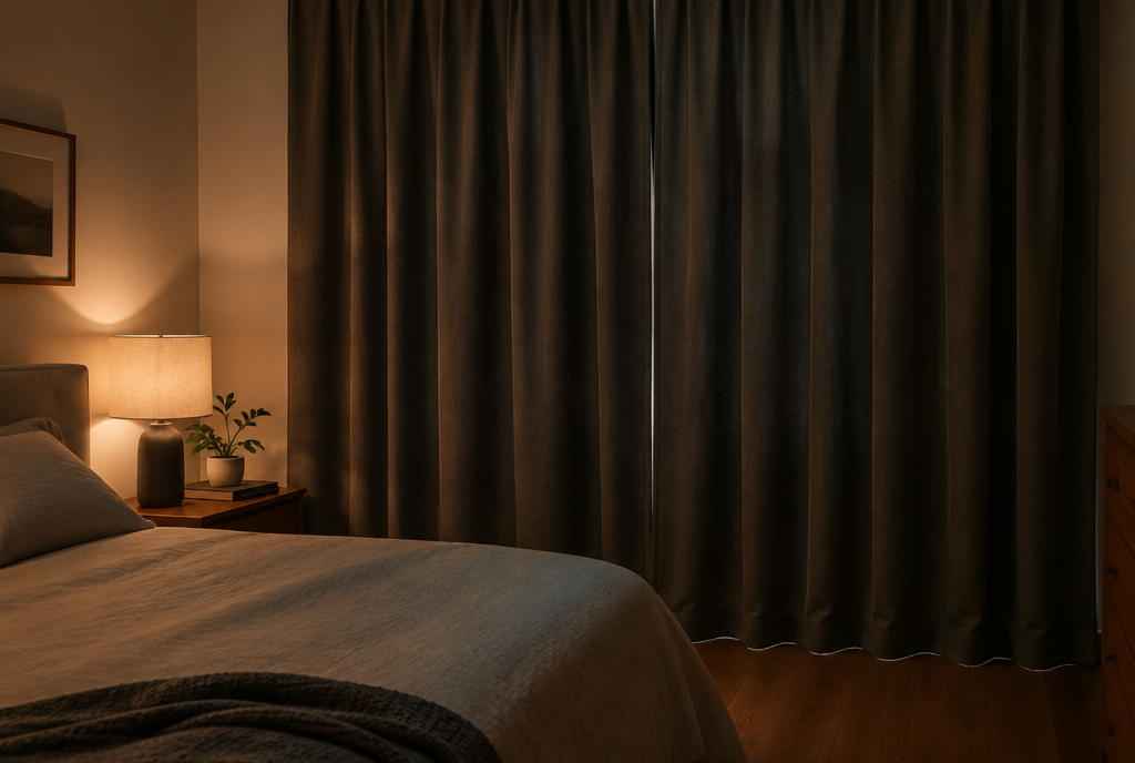 A quiet bedroom window with heavy lined blackout curtains closed, soft lamp light