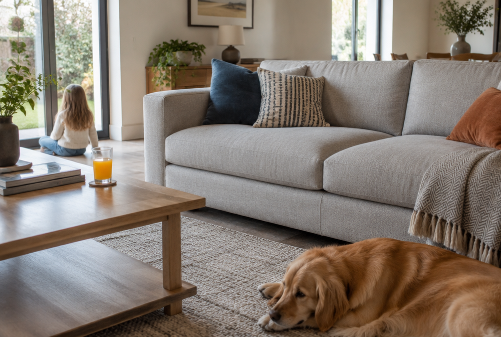A family living room with easy-care performance fabric sofa and cushions, a juice glass on the coffee table