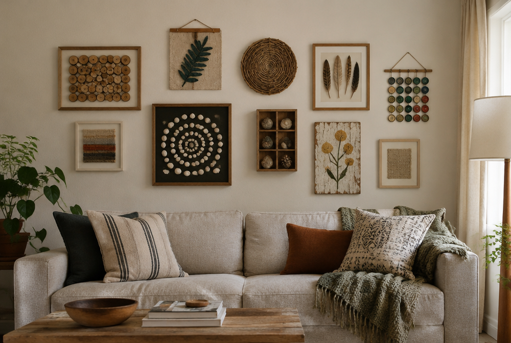 A gallery wall of DIY art made from everyday items above a sofa