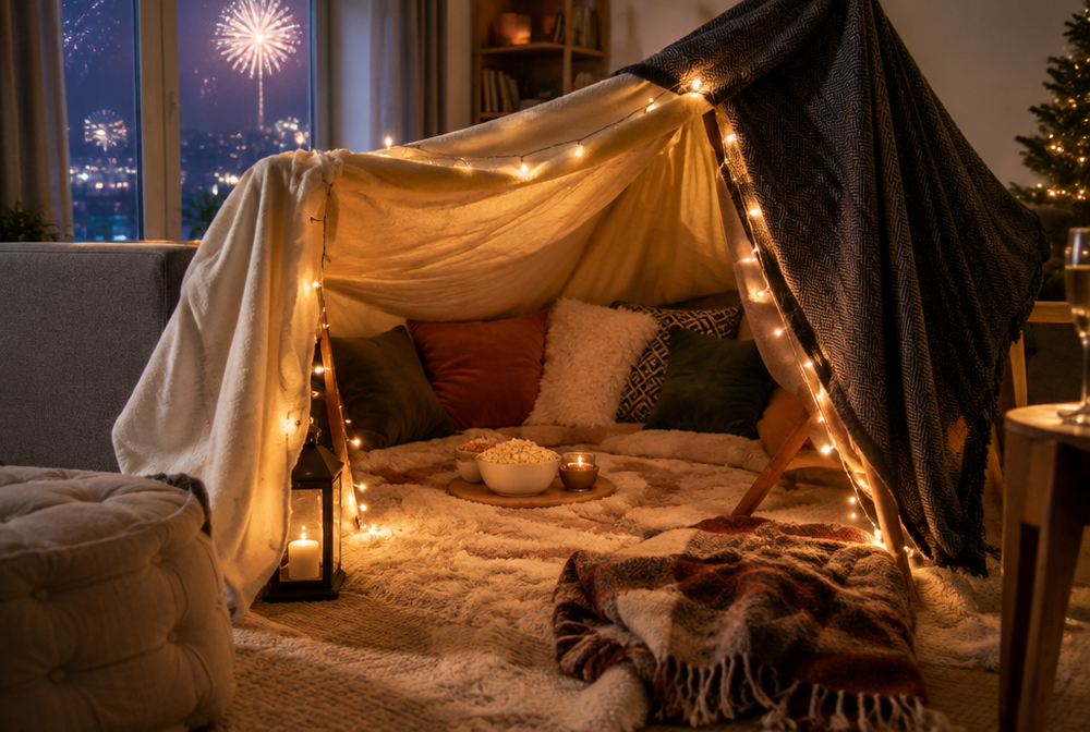 A cozy blanket fort in a living room on New Year's Eve with string lights, cushions and throws