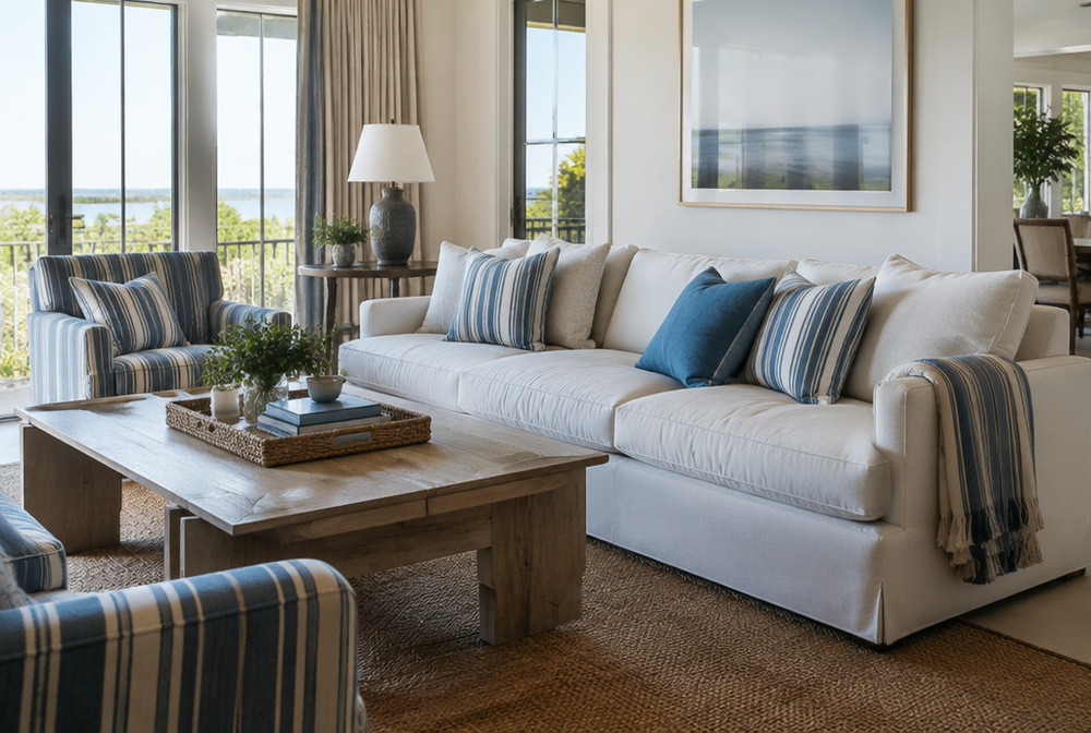 An elegant indoor living room furnished with performance outdoor fabrics, striped cushions and a sofa that looks luxurious