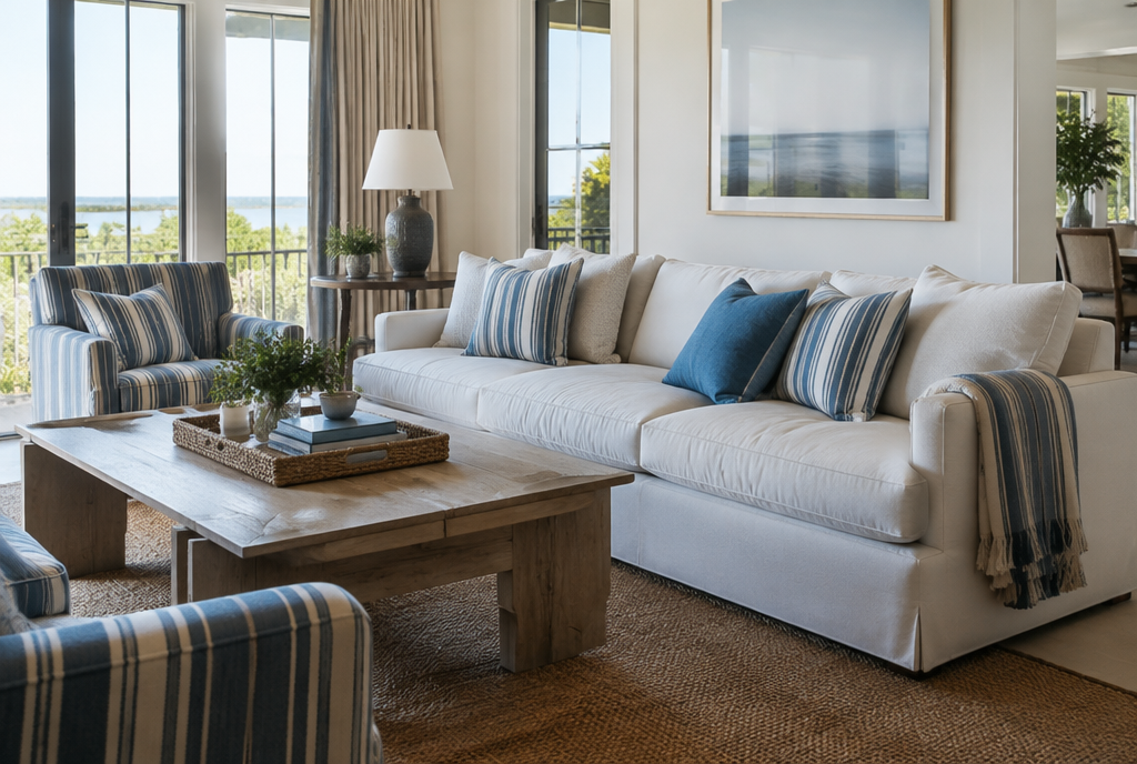 An elegant indoor living room furnished with performance outdoor fabrics, striped cushions and a sofa that looks luxurious