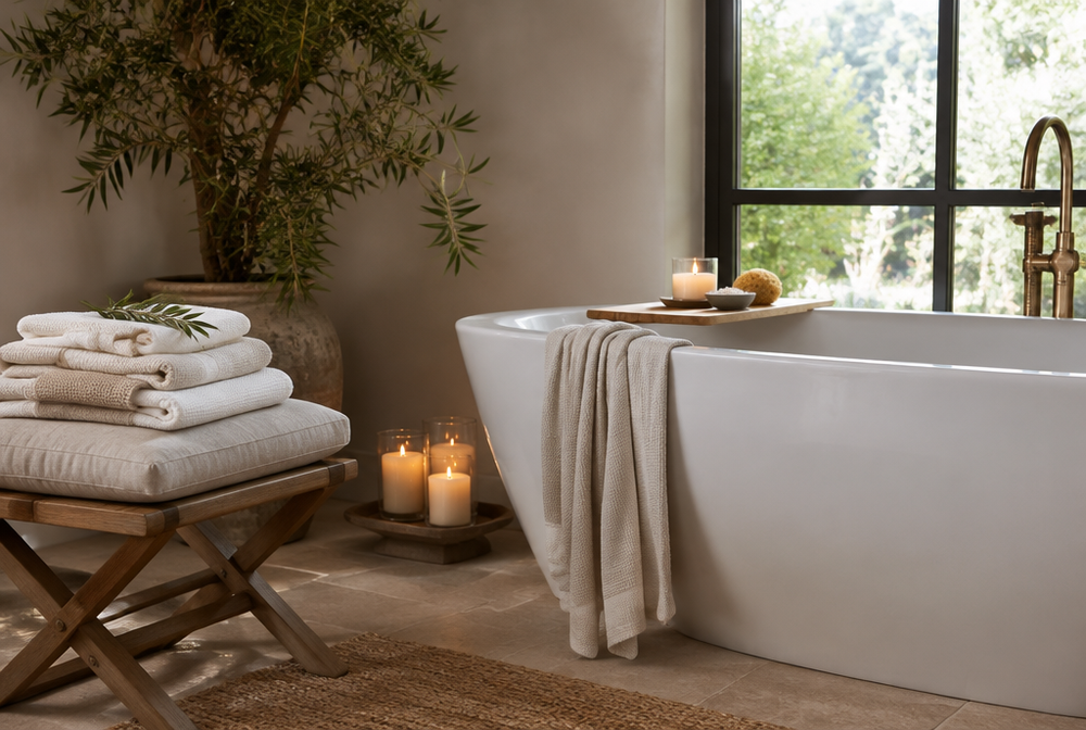 An at-home spa corner with a bathtub, plush towels, candles and a cushioned stool