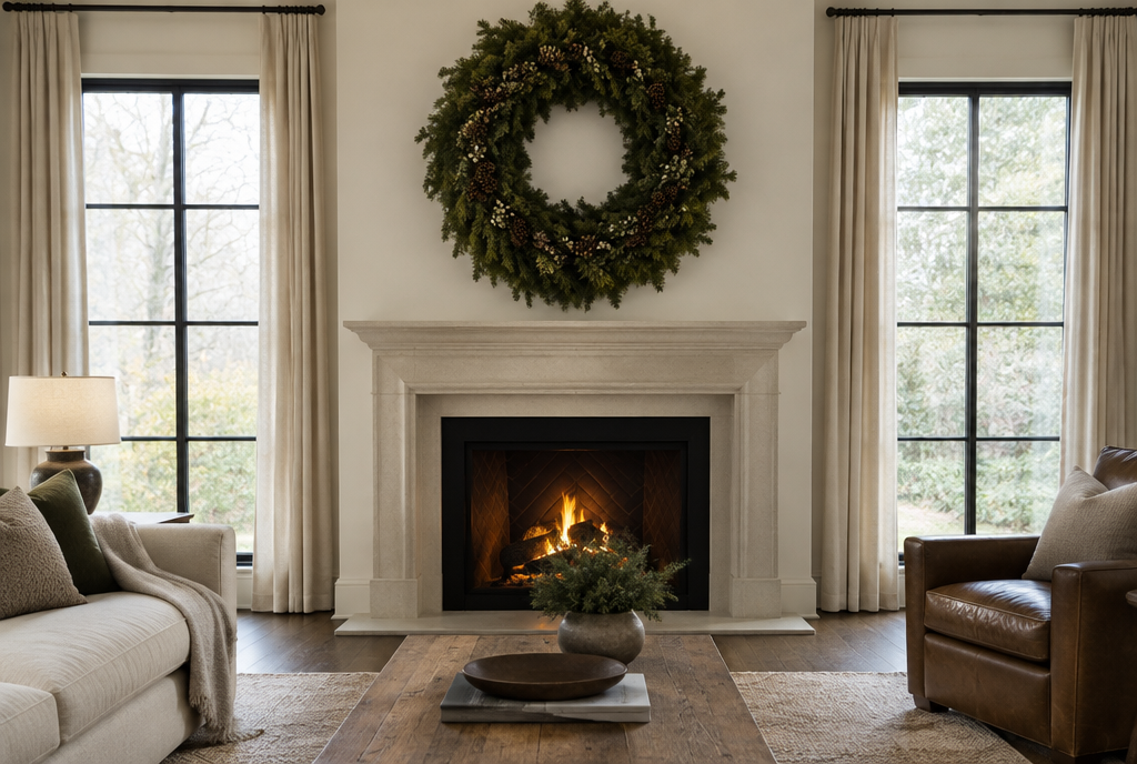 A living room with one large statement holiday wreath above the fireplace, minimal decor