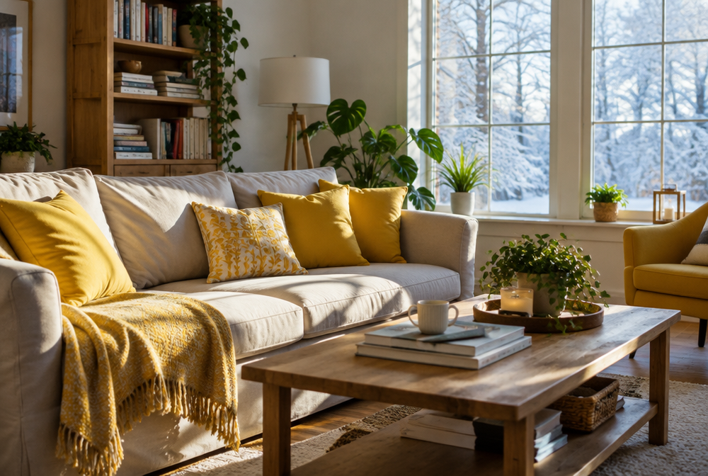 A bright cheerful living room in winter with yellow cushions, plants and morning sun