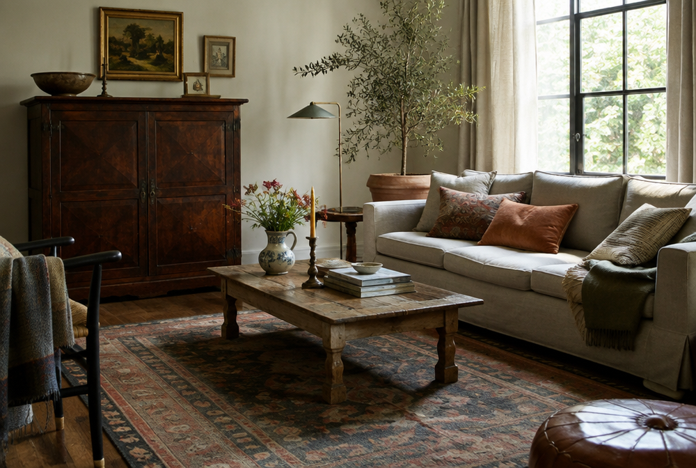 An eclectic living room mixing a vintage wooden cabinet with a modern sofa and thrifted decor