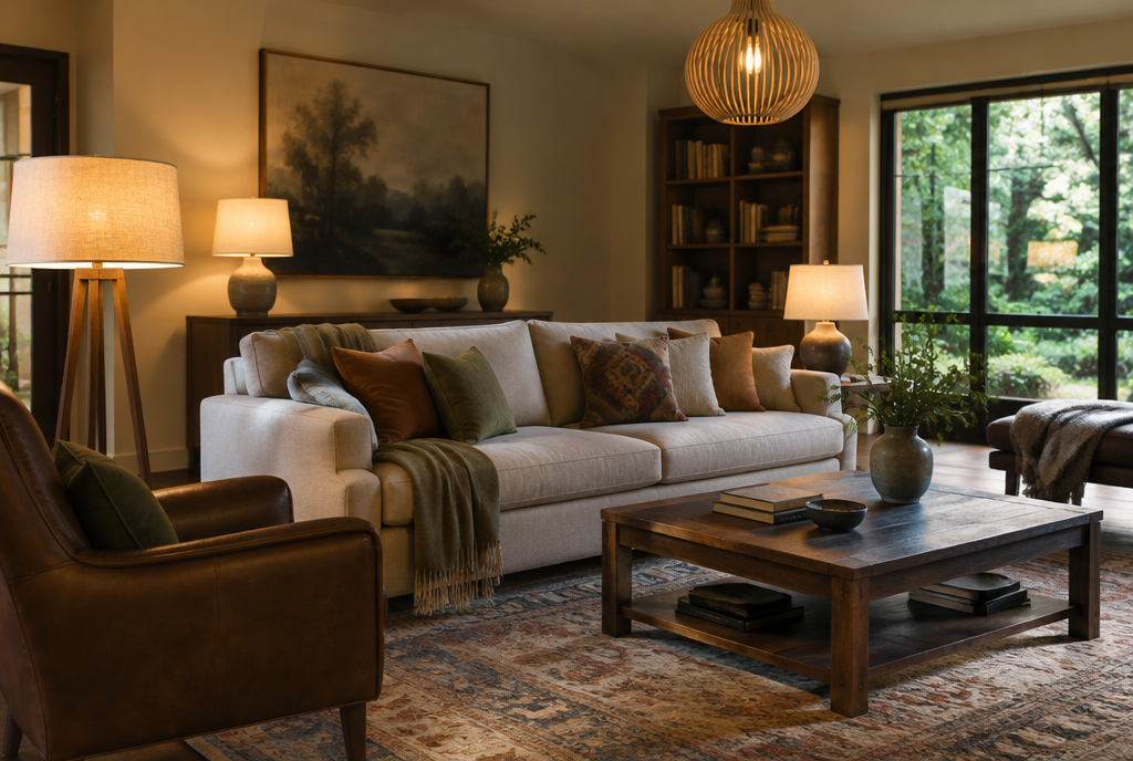 A living room with layered lighting: floor lamp, table lamps and warm pendant, cushions on sofa