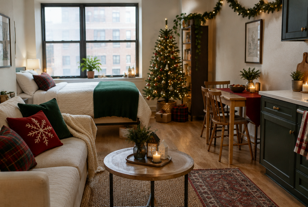 A small studio apartment decorated for the holidays with a small tree, garland and festive cushions